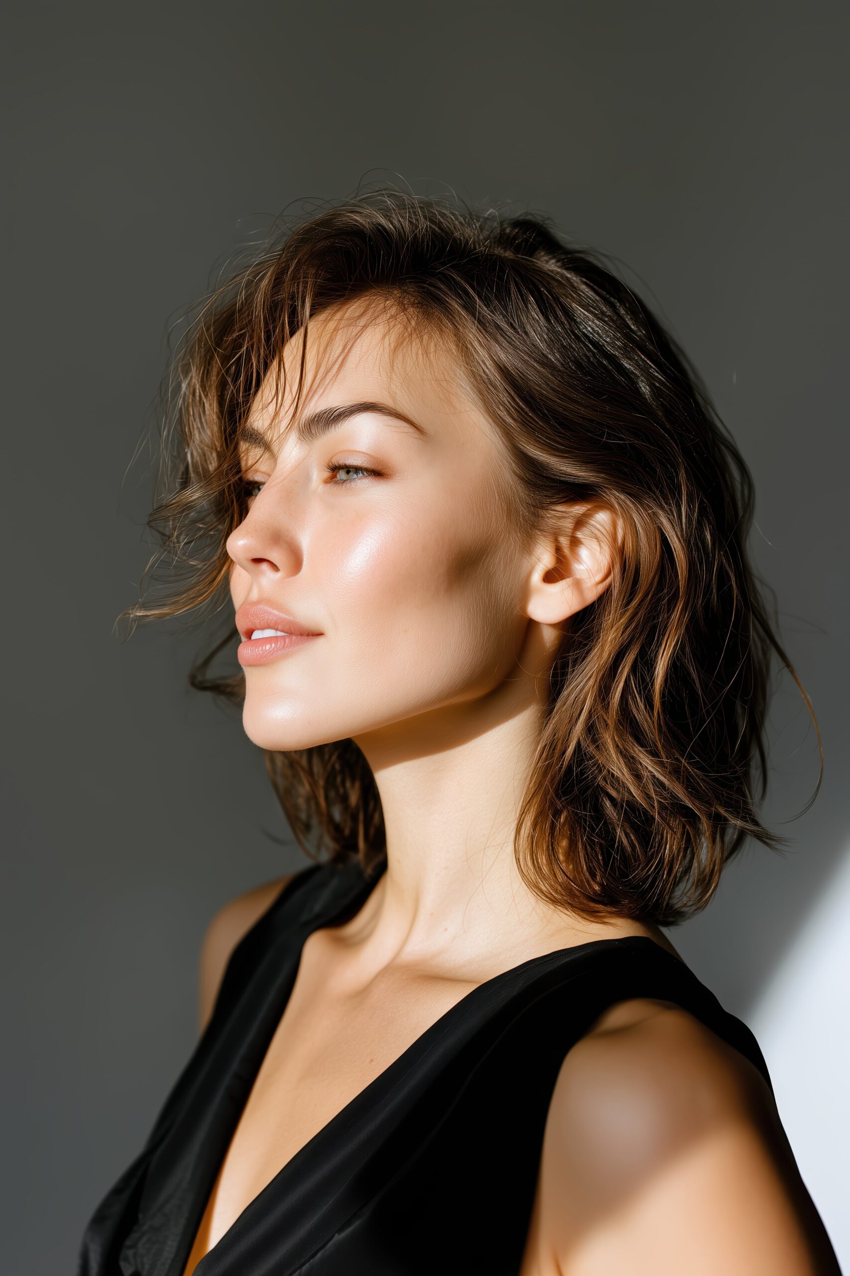 beautiful young woman with looking away isolated on grey
